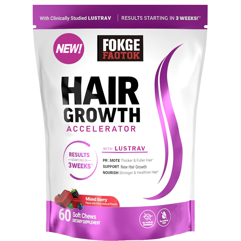 Force Factor Hair Growth Accelerator with Clinically Studied Lustriva to Promote Thicker, Stronger Hair, Biotin, Vitamin E & C, Mixed Berry, Soft Chew or Capsule