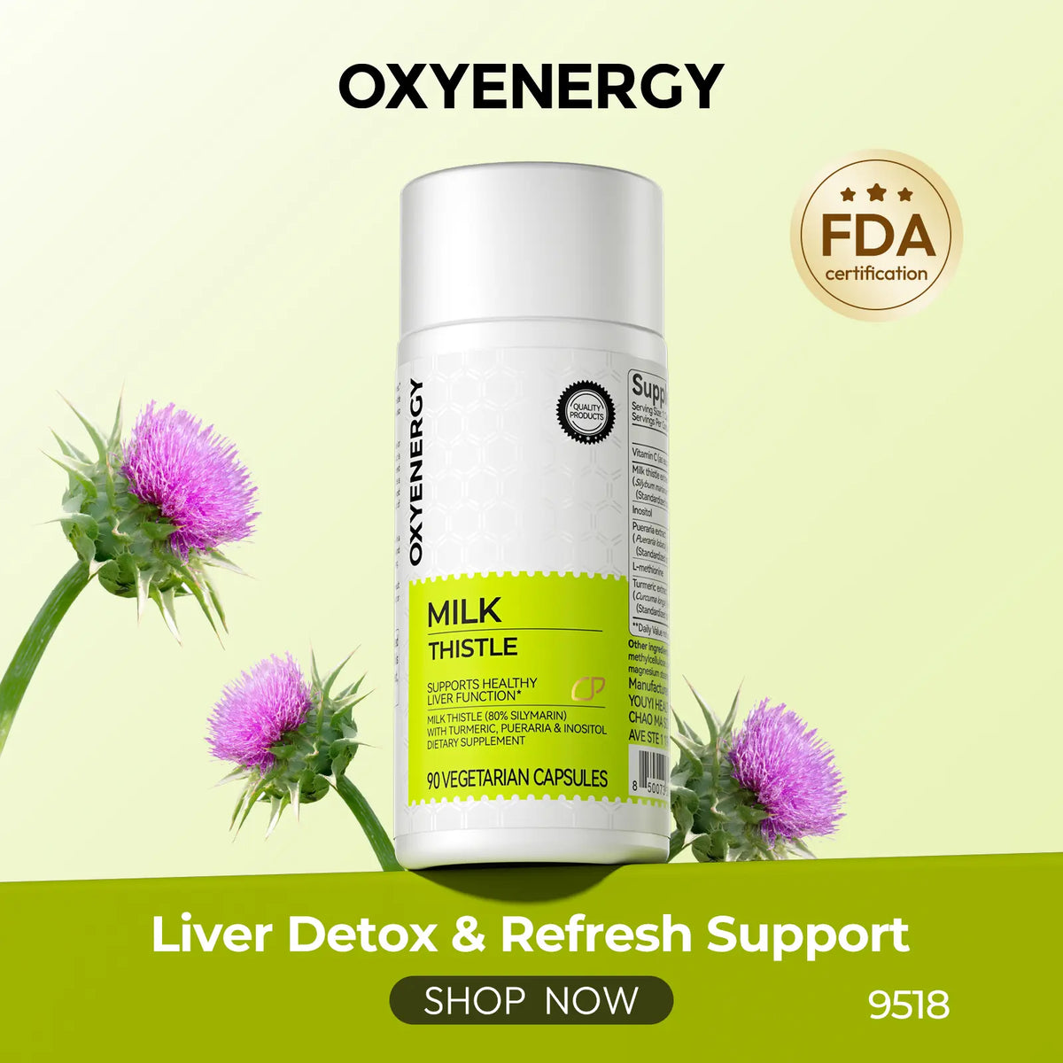 Oxyenergy Milk Thistle Liver Detox & Colon Cleanse, Natural Liver Health Support with Kudzu Root, Turmeric, Inositol, Methionine,Vitamin C,90 Capsules silymarin