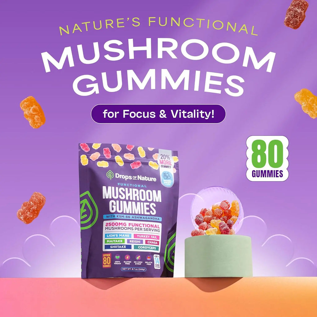Drops Of Nature Ashwagandha KSM-66, Reishi, Lions Mane, Shiitake, Cordyceps, Turkey Tail, Maitake, Chaga Supplement Gummies - Mixed Fruits, 80 Gummies