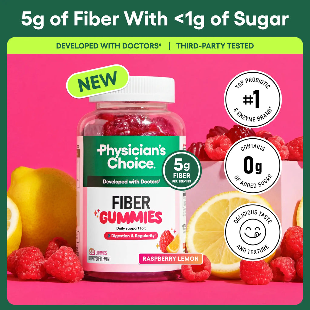Physician’s Choice Fiber Gummies for Digestive Health & Regularity - Raspberry Lemon Flavor - No Sugar Added & Vegan - Daily Gummy for Adults