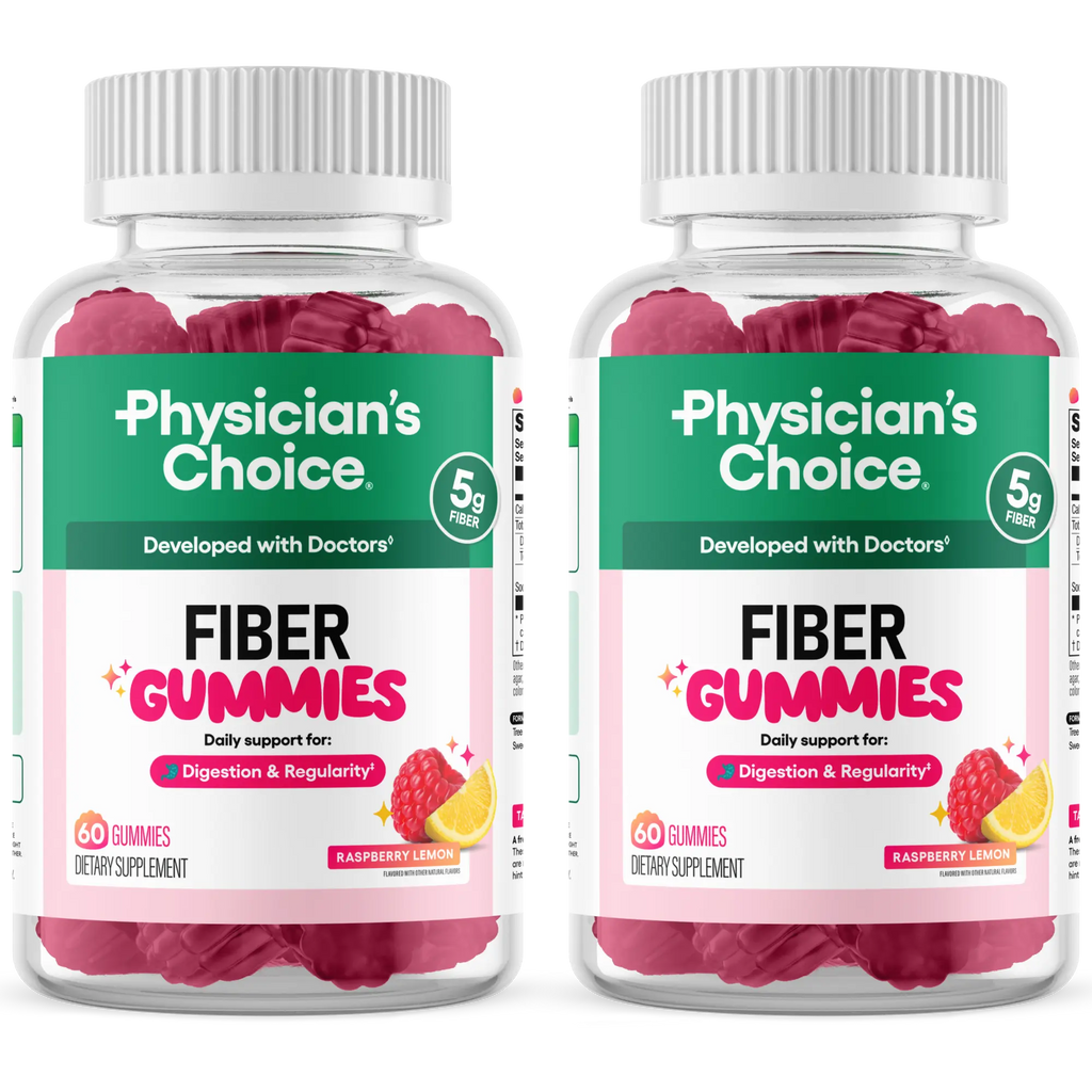 Physician’s Choice Fiber Gummies for Digestive Health & Regularity - Raspberry Lemon Flavor - No Sugar Added & Vegan - Daily Gummy for Adults