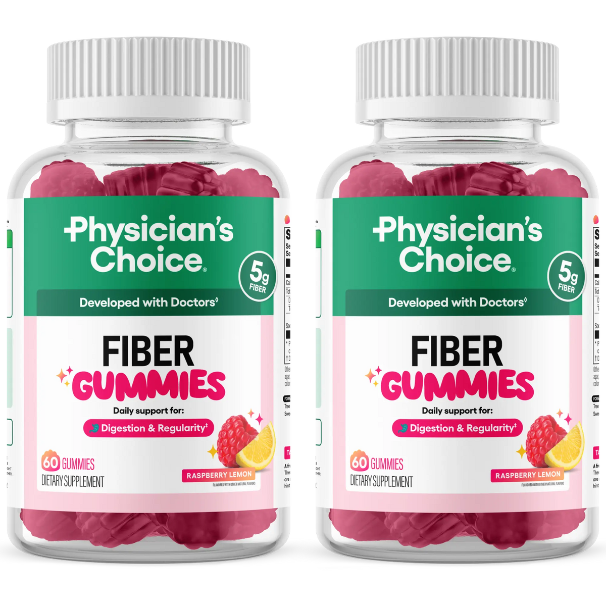 Physician’s Choice Fiber Gummies for Digestive Health & Regularity - Raspberry Lemon Flavor - No Sugar Added & Vegan - Daily Gummy for Adults