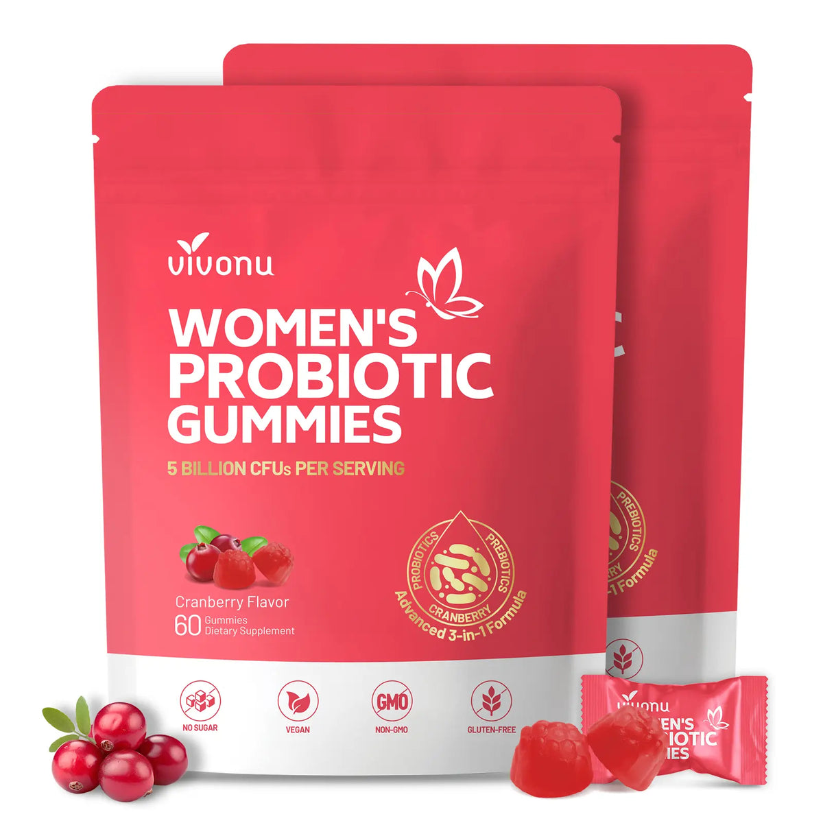 Cranberry Probiotic Gummies | Targeting Body Odor, Women's Health, and Body Balance | Vegan (60 Gummies per Pack) SummerVibes
