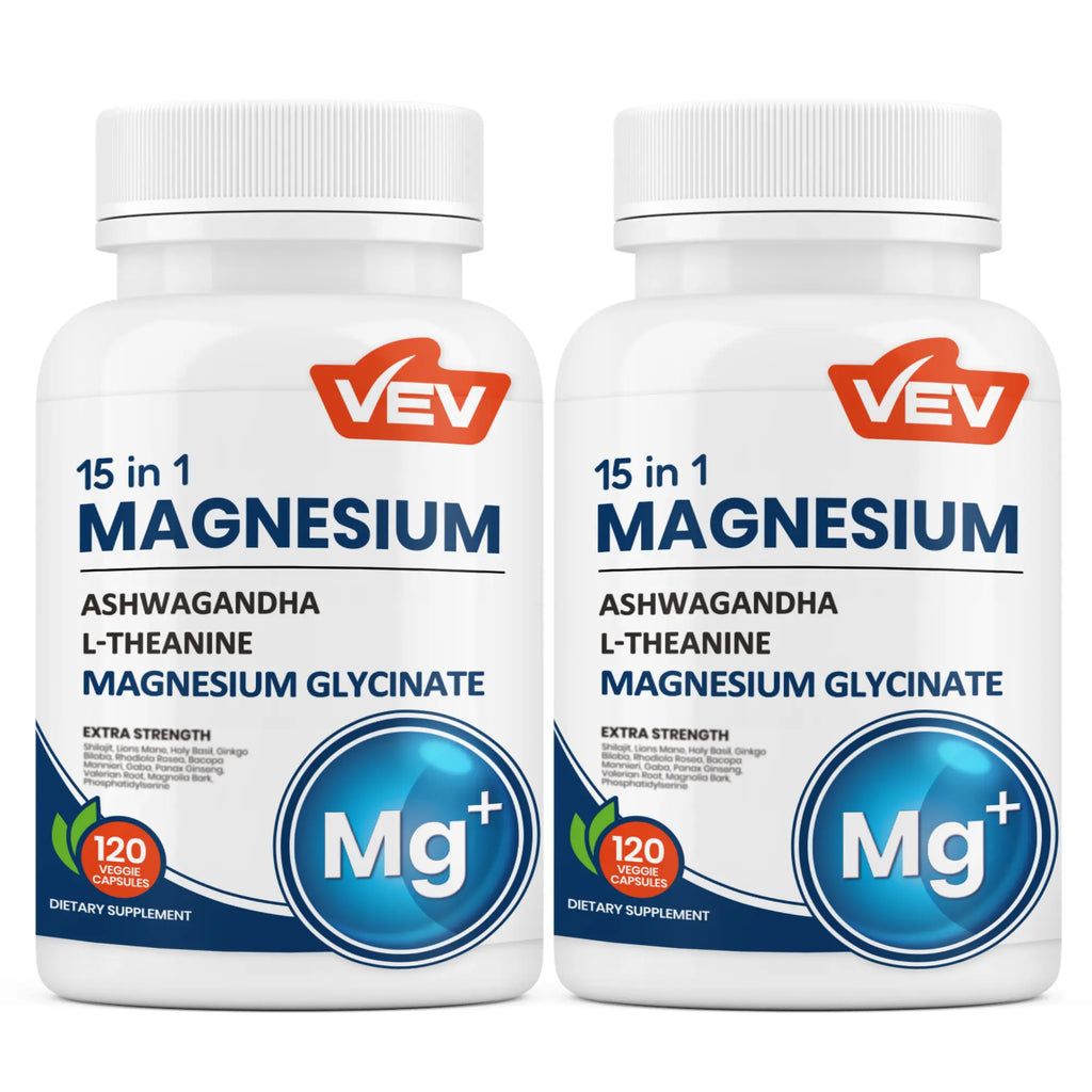 VEV 15 in 1 Magnesium Citrate & Glycinate Complex Capsules, Cortisol Support with Ashwagandha & L-Theanine, Edible Minerals Natural Dietary, 120 Vegan Capsules