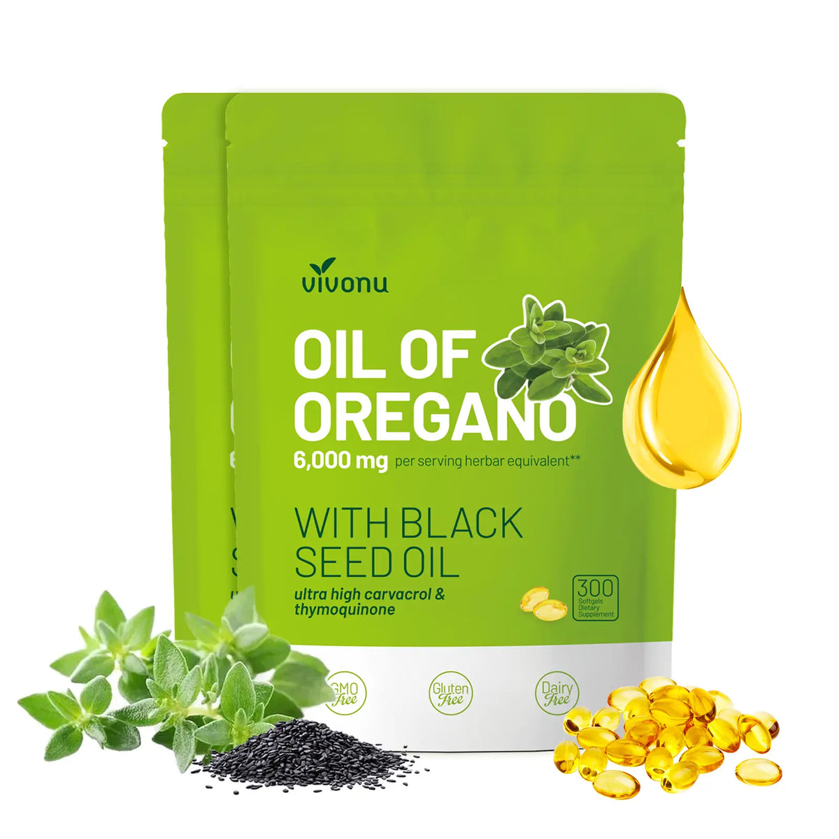 VivoNu Organic Oregano Oil Capsules with Black Seed – 6000mg per Serving, 300 Softgels – Herbal Support for Wellness, Non-GMO, Gluten-Free