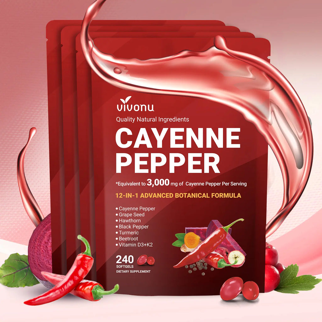 Cayenne Pepper Softgels Supplement, Supports Leg Vein, Heart and Blood Vessel Health, with Vitamin E D3+K2 and Extracts of Grape Seed, Hawthorn, Beetroot and Others (240 Softge /1 Bag)