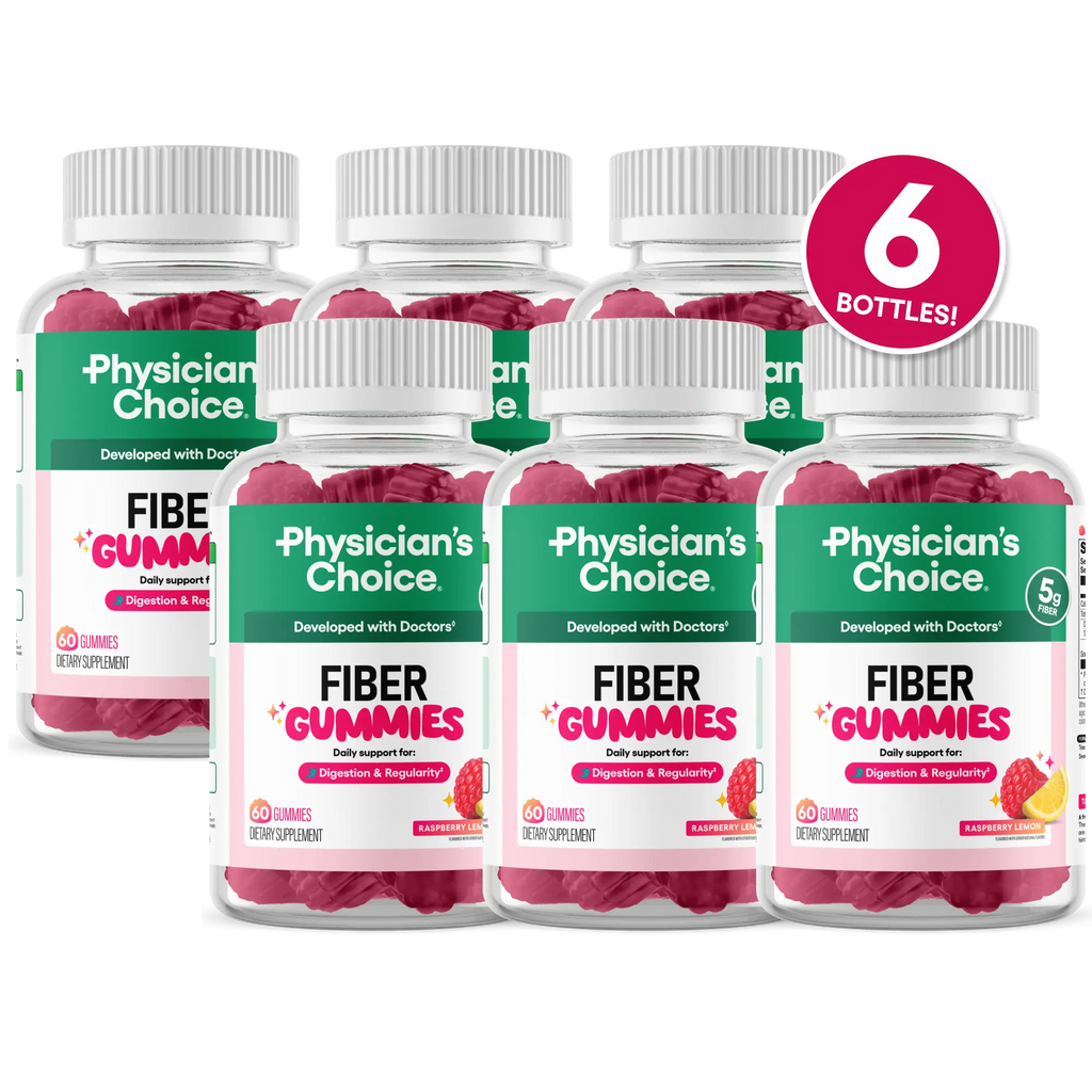 Physician’s Choice Fiber Gummies for Digestive Health & Regularity - Raspberry Lemon Flavor - No Sugar Added & Vegan - Daily Gummy for Adults