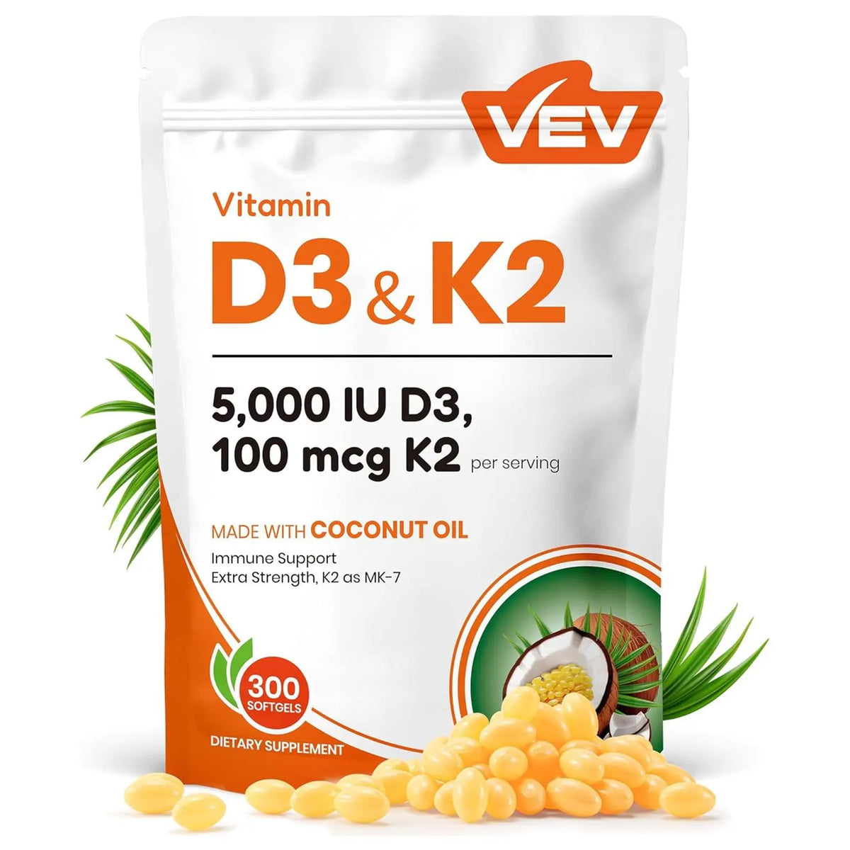 VEV Corefeel Vitamin D3 K2 10000 IU, 300 Virgin Coconut Oil Softgels, 2 in 1 Vitamins Supplement D & K, Dietary Supplemental Pack, Mothersdaygift, Summervibes