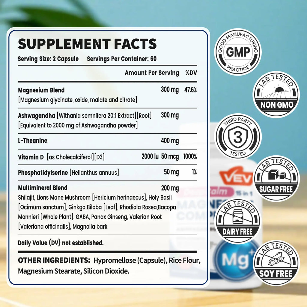 VEV 15 in 1 Magnesium Citrate & Glycinate Complex Capsules, Cortisol Support with Ashwagandha & L-Theanine, Edible Minerals Natural Dietary, 120 Vegan Capsules