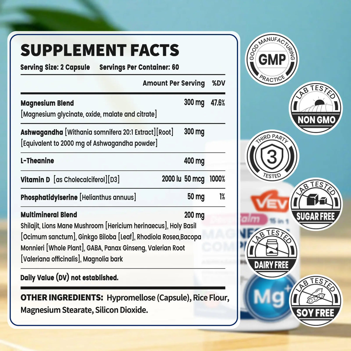 VEV 15 in 1 Magnesium Citrate & Glycinate Complex Capsules, Cortisol Support with Ashwagandha & L-Theanine, Edible Minerals Natural Dietary, 120 Vegan Capsules