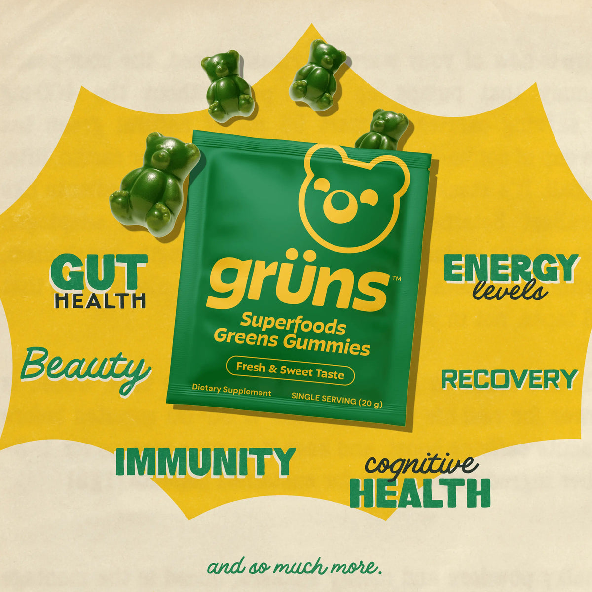 Grüns Superfood Greens Gummies: Comprehensive nutrition supplement with 60+ ingredients: Vitamins and Minerals, Prebiotics for Digestive Health, Adaptogens, Chlorophyll, Chlorella, Fruits and Vegetables, Gluten Free, Vegan, Third Party Tested
