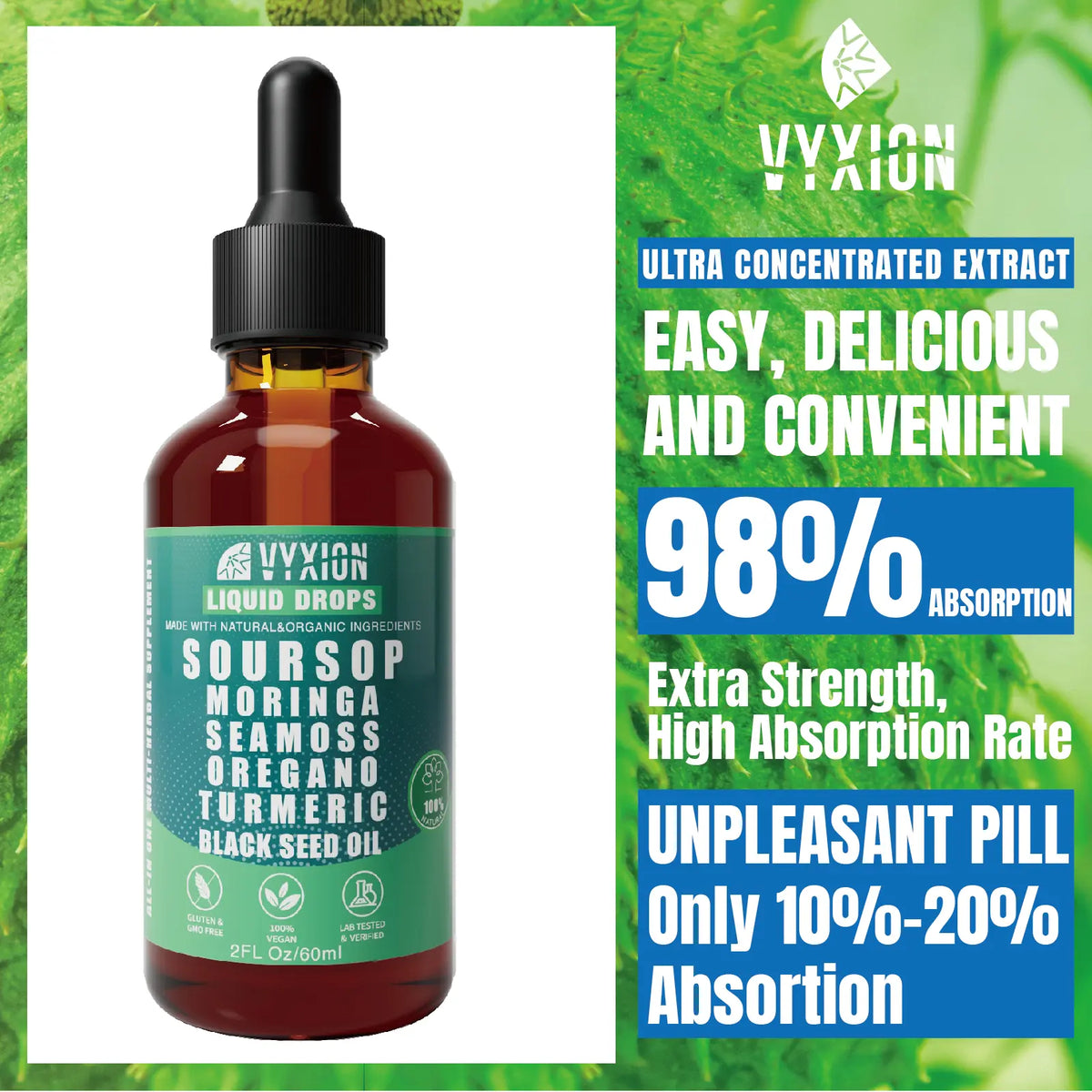 VYXION Pure Soursop 10 in 1 Liquid Drops Extract - Seamoss,Moringa,Black Seed Oil,Turmeric,Oregano Liquid Drops for Immune System and Gut Health Support