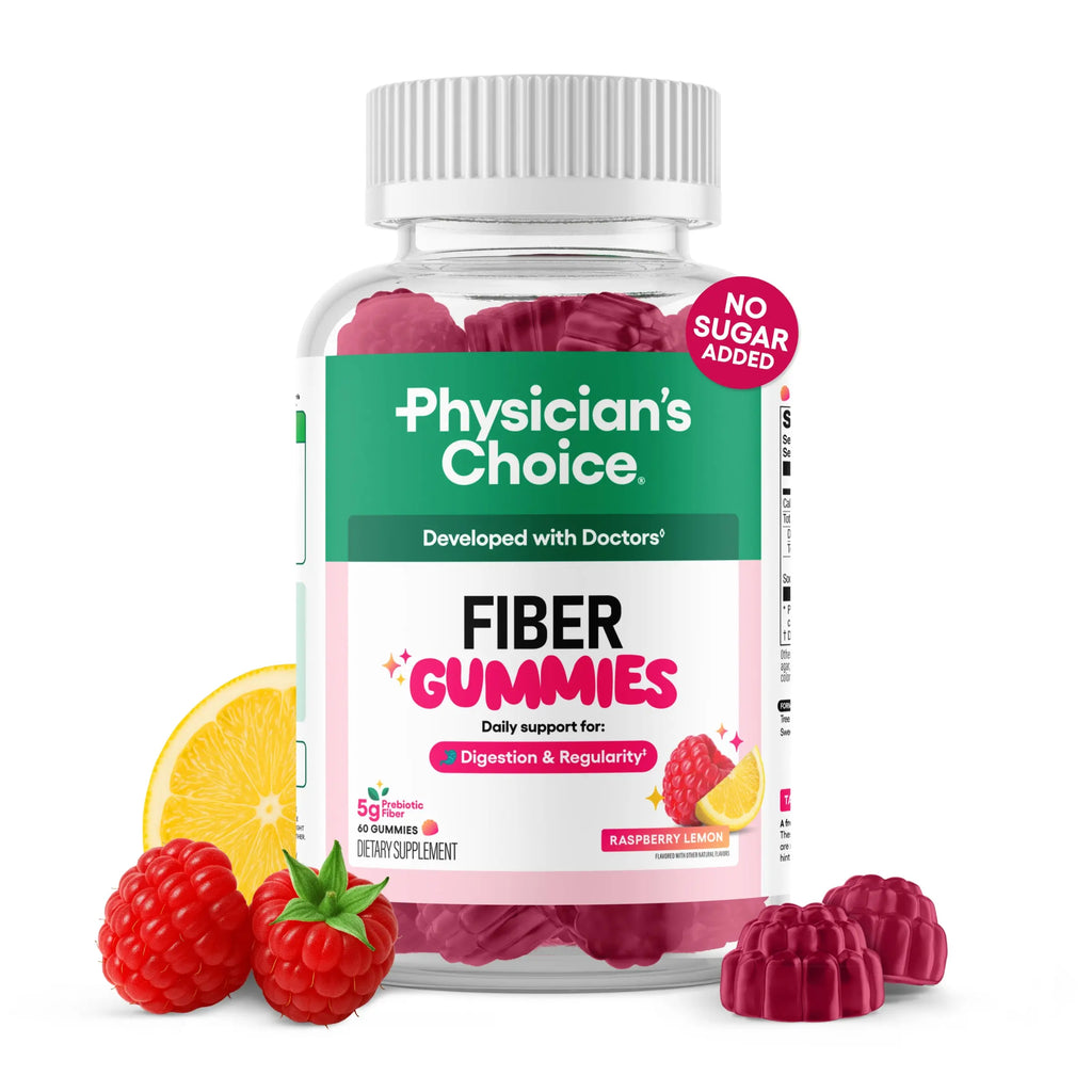 Physician’s Choice Fiber Gummies for Digestive Health & Regularity - Raspberry Lemon Flavor - No Sugar Added & Vegan - Daily Gummy for Adults