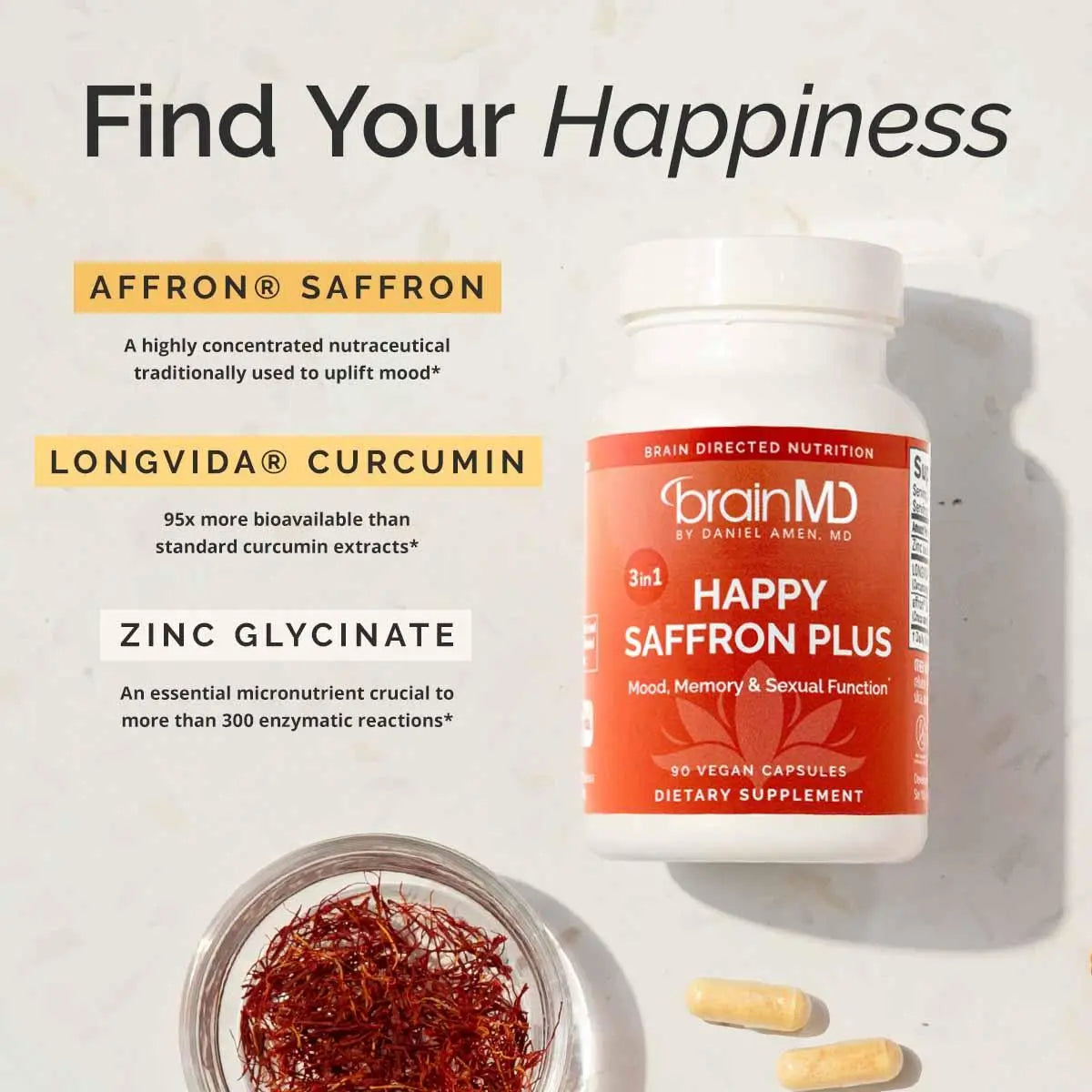 BrainMD - Happy Saffron Plus by Doc Amen | #1 formula for a healthier, happier you - free from gluten, dairy, and eggs