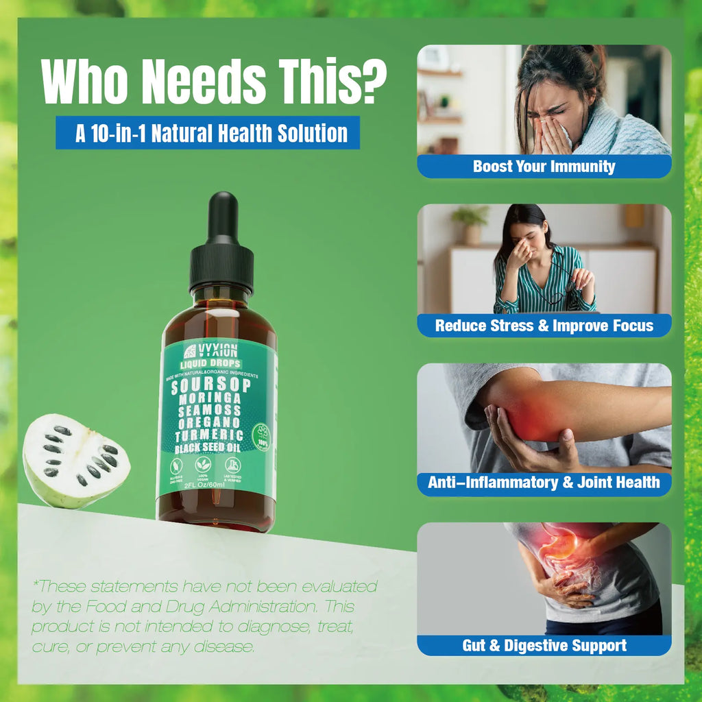 VYXION Pure Soursop 10 in 1 Liquid Drops Extract - Seamoss,Moringa,Black Seed Oil,Turmeric,Oregano Liquid Drops for Immune System and Gut Health Support