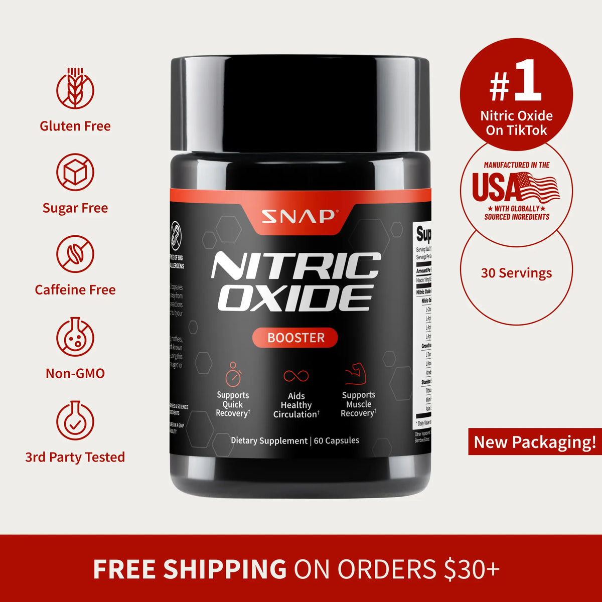 Snap Supplements - Nitric Oxide Booster - Support Healthy Blood Circulation -  Nitric Oxide Supplement for Men and Women - 3rd party tested - 60 count