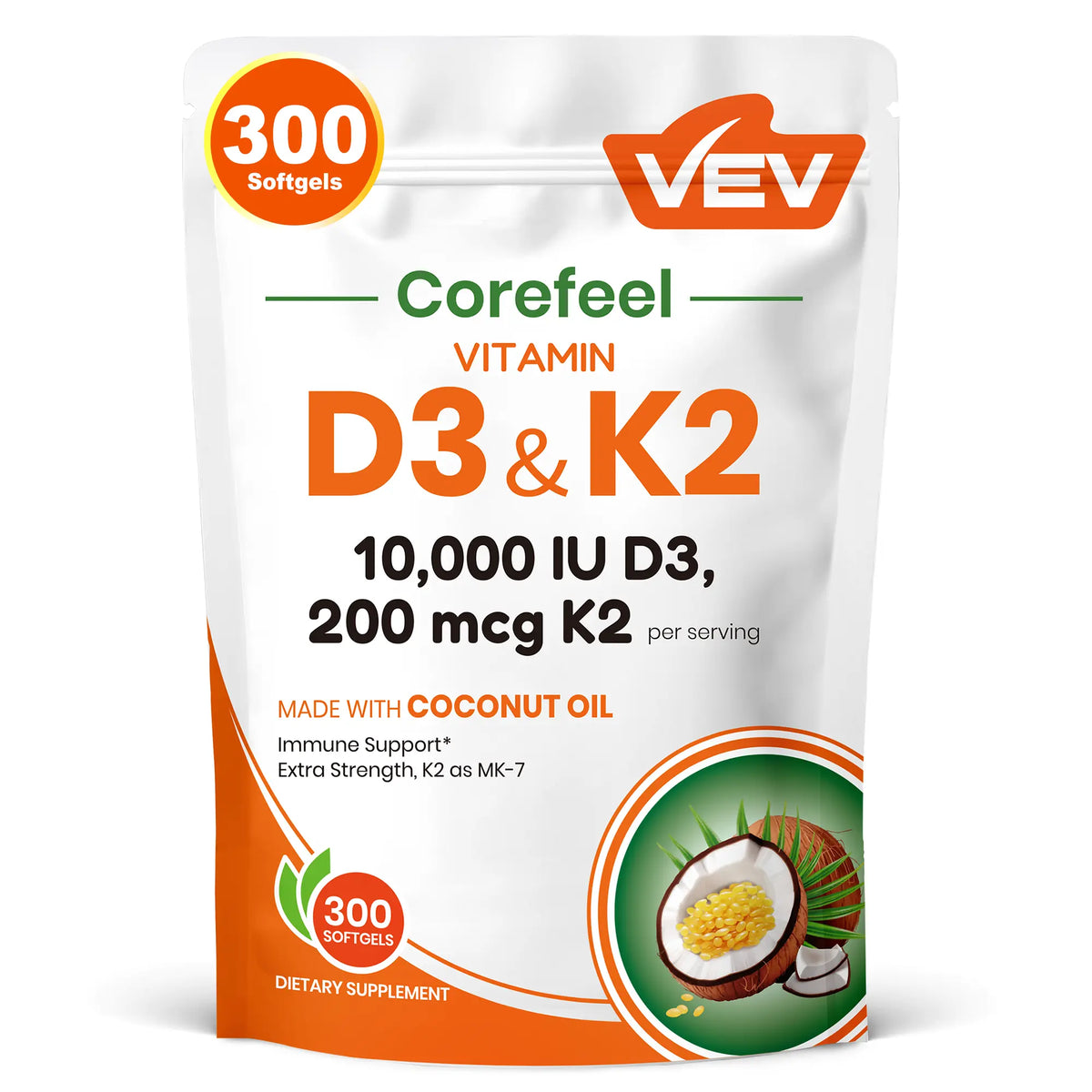 VEV Corefeel Vitamin D3 K2 10000 IU, 300 Virgin Coconut Oil Softgels, 2 in 1 Vitamins Supplement D & K, Dietary Supplemental Pack, Mothersdaygift, Summervibes
