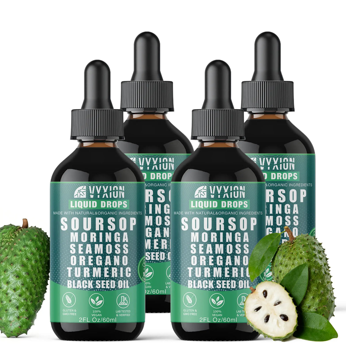 VYXION Pure Soursop 10 in 1 Liquid Drops Extract - Seamoss,Moringa,Black Seed Oil,Turmeric,Oregano Liquid Drops for Immune System and Gut Health Support