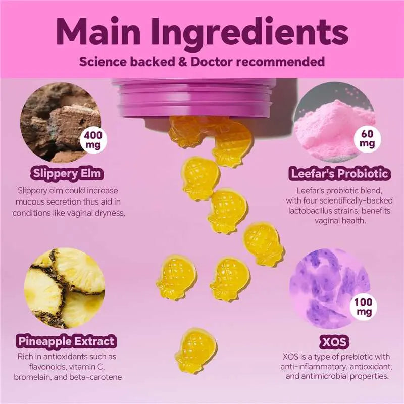 LEEFAR Her Juicy Feminine Probiotics Gummies- All in One Solution with Slippery Elm and Prebiotics&Lactobacillus Probiotic Blend for Women’s pH Balance and Dryness - Hawaiian Pineapple Gummies 60 Count probiotics women