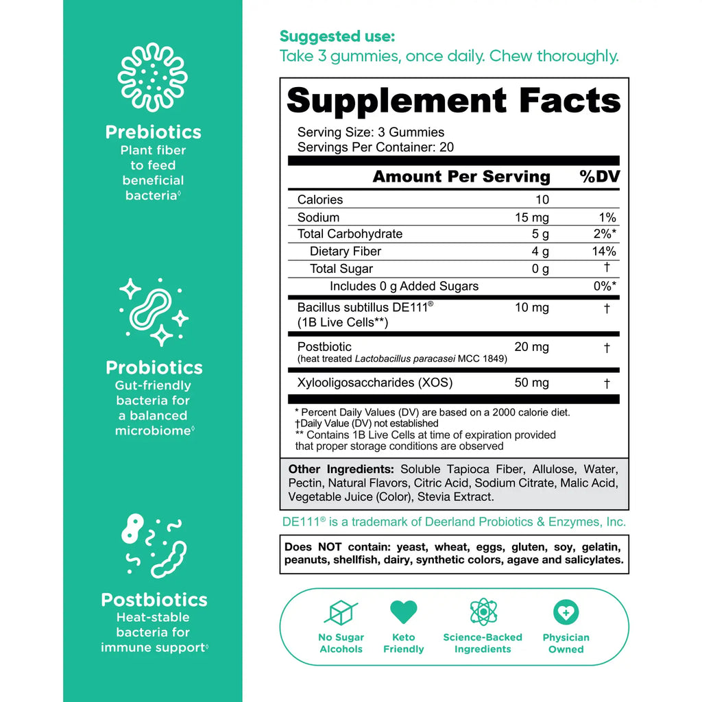 Goli Zero Sugar World's First 3-in-1 Pre, Post, Probiotic Gummies - Gluten Free, Vegan, Non-GMO, & Gelatin-Free.