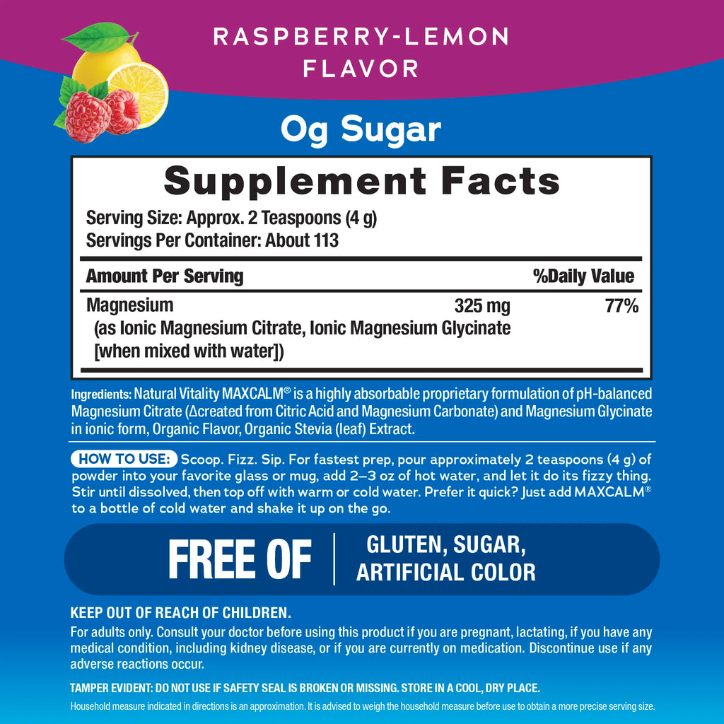 MaxCalm Relaxing Drink Mix - Anti Stress Drink Mix - With Ionic Magnesium Citrate + Glycinate - Raspberry Lemon Flavor - 16 oz (453 g) - 113 Servings