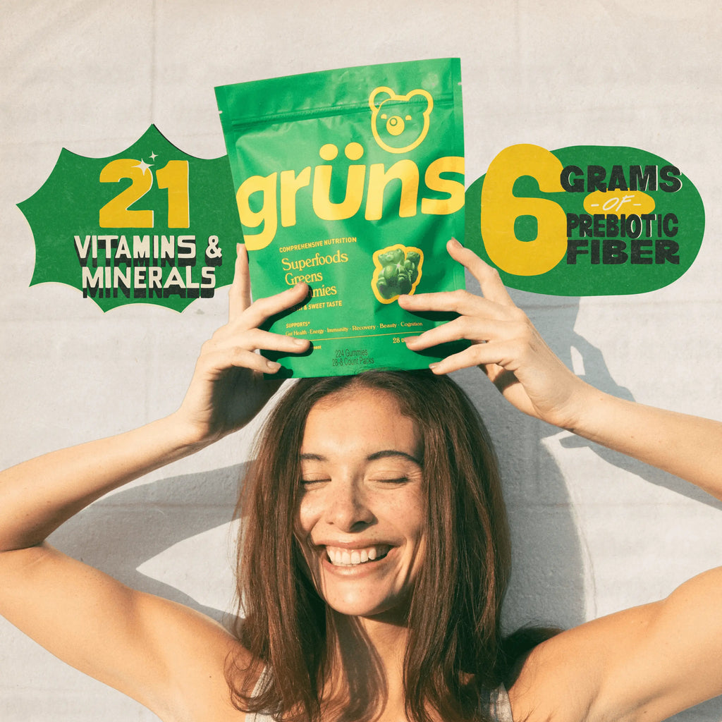 Grüns Superfood Greens Gummies: Comprehensive nutrition supplement with 60+ ingredients: Vitamins and Minerals, Prebiotics for Digestive Health, Adaptogens, Chlorophyll, Chlorella, Fruits and Vegetables, Gluten Free, Vegan, Third Party Tested