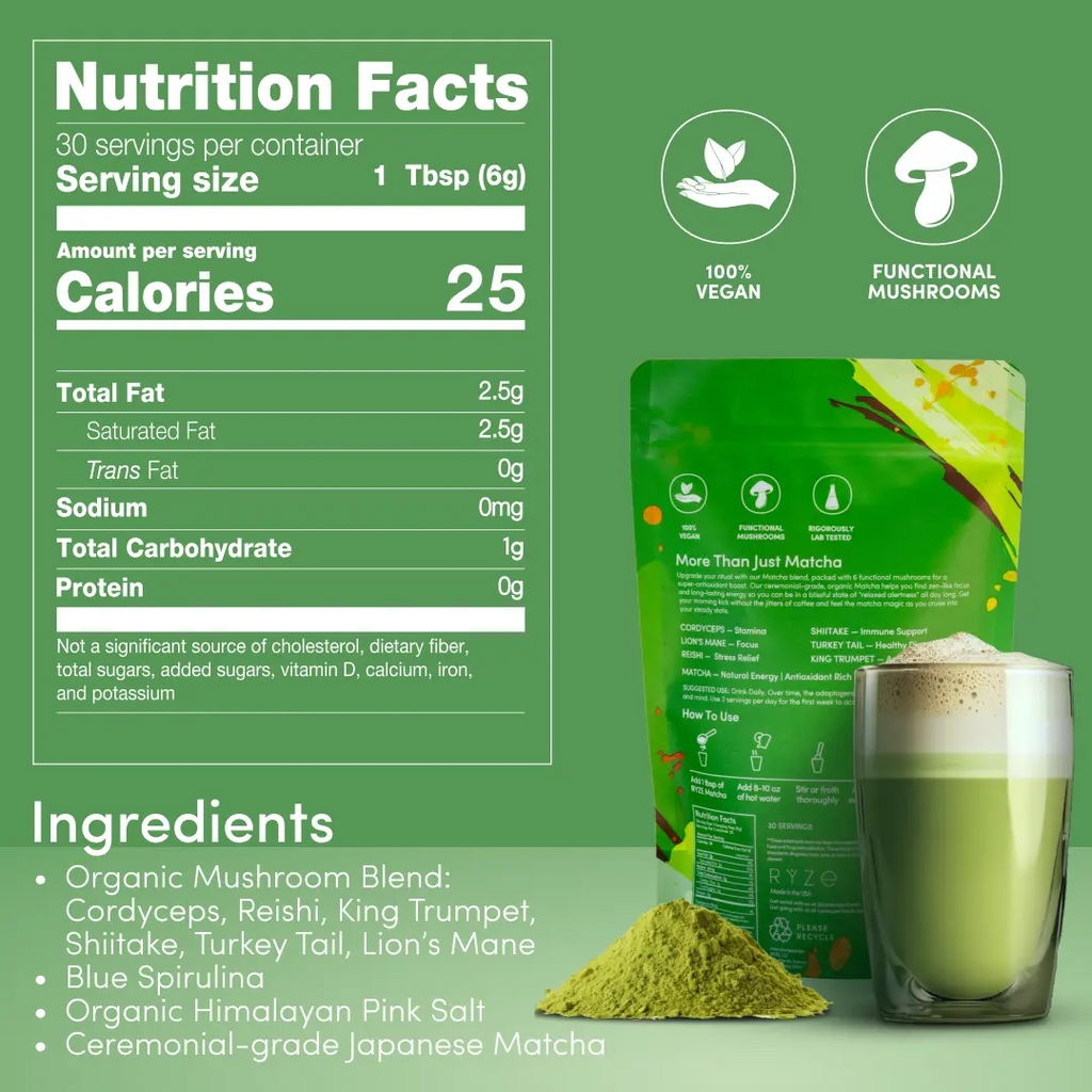 RYZE Mushroom Matcha, USDA Organic with 6 Adaptogenic Mushrooms and Ceremonial-Grade Japanese Matcha for Energy, Focus, Digestion, Immunity with Turkey Tail, Shiitake, Lion's Mane, Reishi, 30 servings
