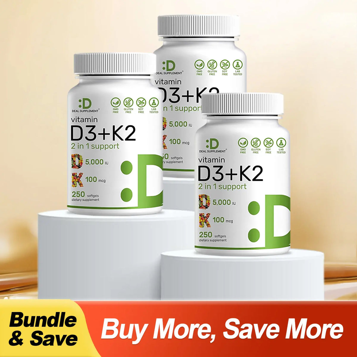 Deal Supplement Vitamin D3 & K2 250 Veggie Softgels 5000 IU D3 100mcg K2 MK7 Supports Healthy Bones Teeth Heart & Immune System Calcium Supplement
