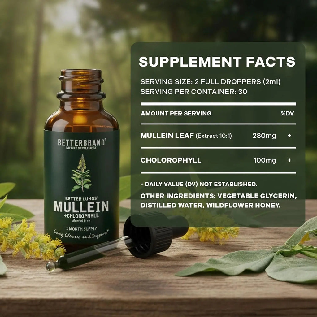 Betterbrand Mullein Leaf & Chlorophyll Drops for Lung Detox & Mucus Cleanse - 30 Servings - Clinically Studied Natural Liquid Herbal Supplement for Respiratory Wellness