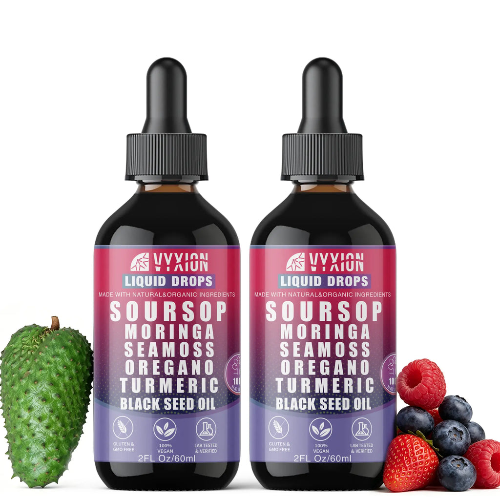 VYXION Pure Soursop 10 in 1 Liquid Drops Extract - Seamoss,Moringa,Black Seed Oil,Turmeric,Oregano Liquid Drops for Immune System and Gut Health Support