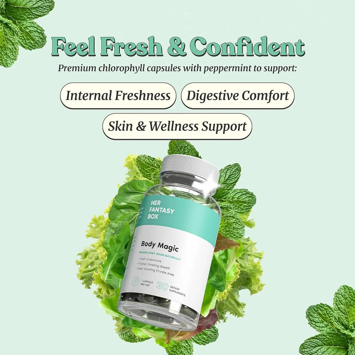 Body Magic Chlorophyll Capsules for Detox, Digestion, Gut Health, and Skin Support, Natural Energy Booster for Oily Skin, 30 Vegan Capsules