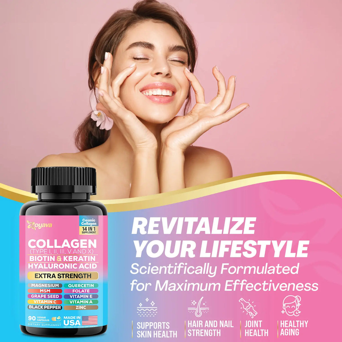 Collagen Supplement - Type I, II, III, V and X - with Biotin, Keratin, Hyaluronic Acid & 13+ Extra Strength Ingredients for Beauty, Fitness, & Healthcare - 90 Capsules - MADE IN USA