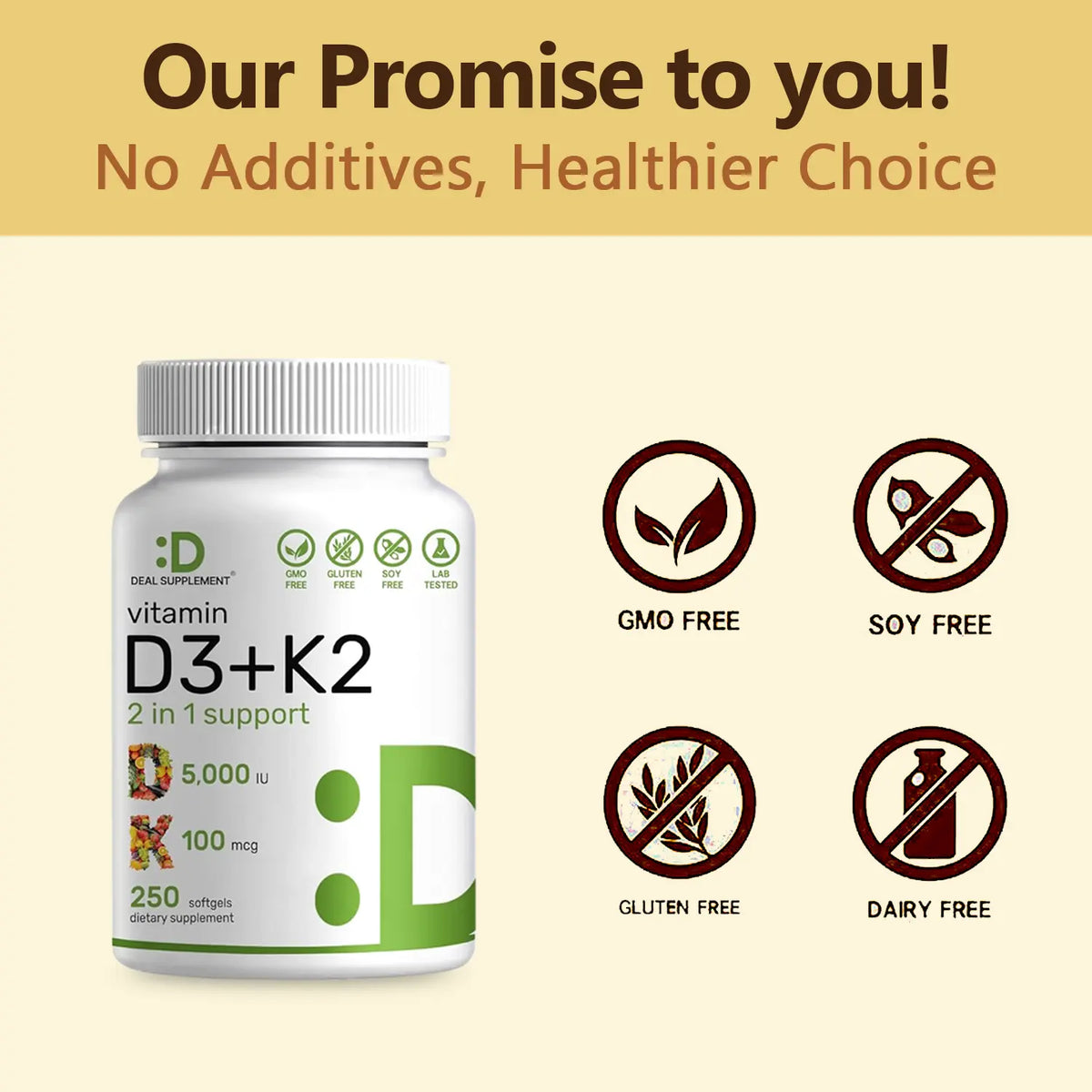 Deal Supplement Vitamin D3 & K2 250 Veggie Softgels 5000 IU D3 100mcg K2 MK7 Supports Healthy Bones Teeth Heart & Immune System Calcium Supplement