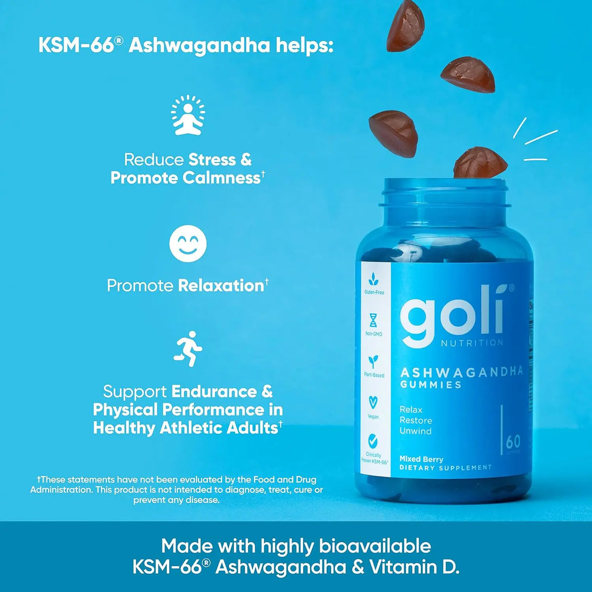 Goli Ashwagandha & Vitamin D Gummy - Mixed Berry, KSM-66, Vegan, Plant Based, Non-GMO, Gluten-Free & Gelatin Free. America's #1 Ashwagandha Brand
