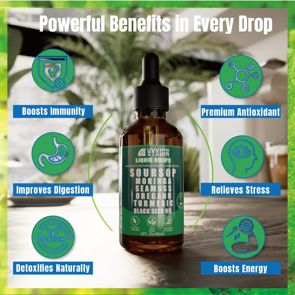 VYXION Pure Soursop 10 in 1 Liquid Drops Extract - Seamoss,Moringa,Black Seed Oil,Turmeric,Oregano Liquid Drops for Immune System and Gut Health Support