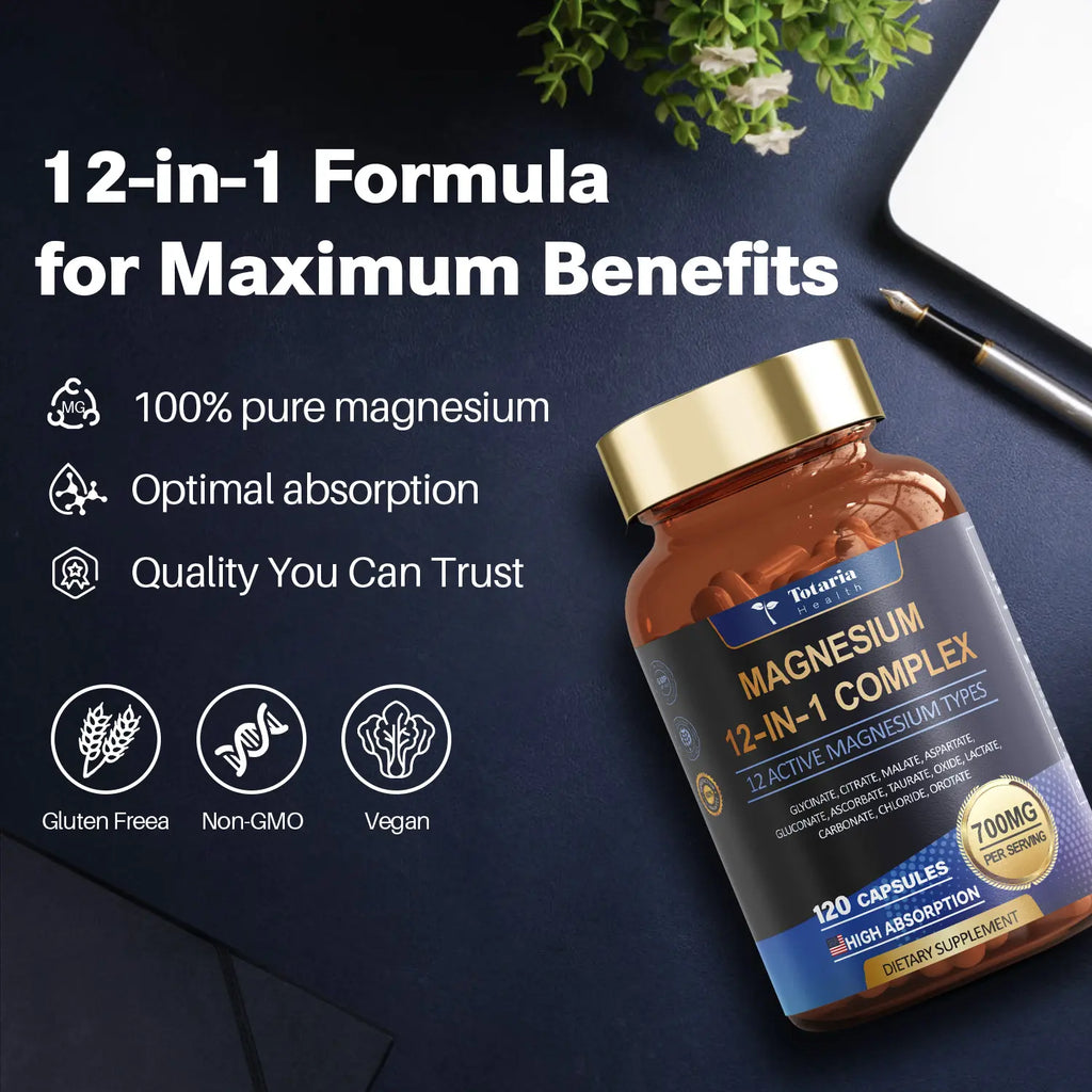 Totaria 12-in-1 Magnesium Complex 700mg - Supplement with Glycinate Citrate Malate Oxide Taurate Aspartate Orotate, Vegan Capsules for Muscle, Heart, and Relaxation Support