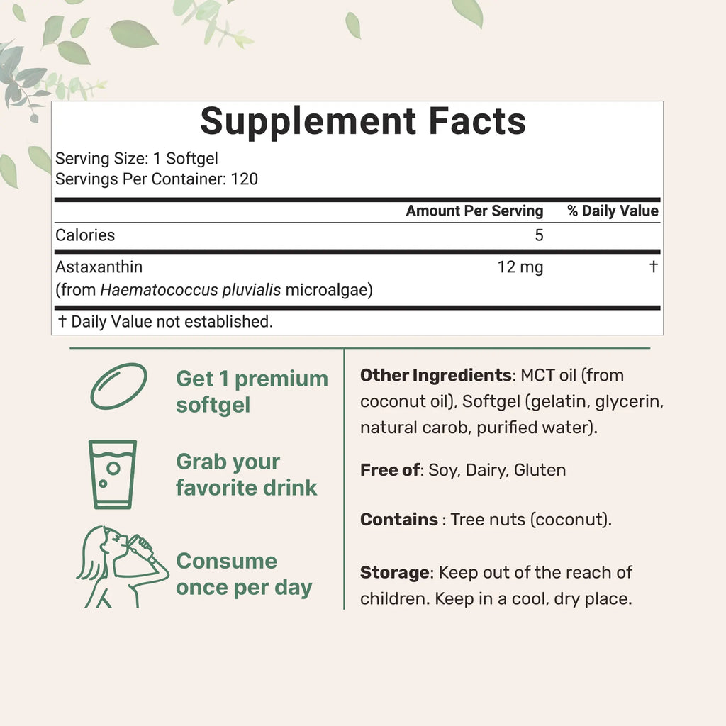 Micro Ingredients Astaxanthin 12mg, 120 softgels, tanning pills, Strength Carotenoids Skin Supplement w. 100%25 Natural Astaxanthin from MicroAlgae