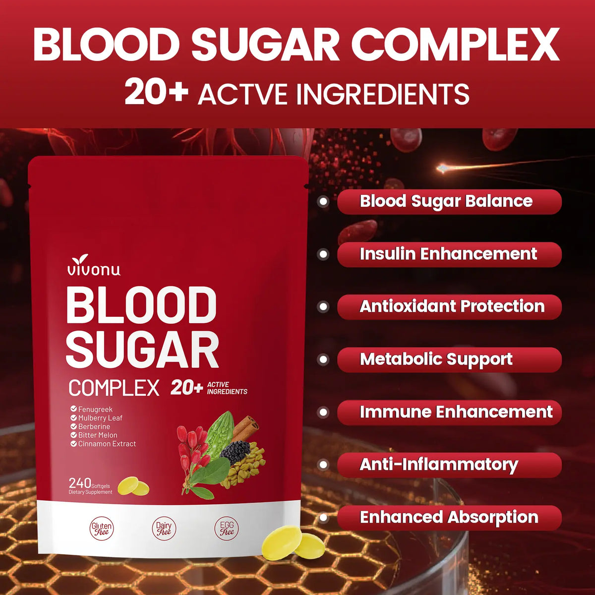 VIVONU BLOOD SUGAR COMPLEX –Blood Sugar Balance | Antioxidant Support | Metabolic Support | Enhanced Absorption | Bitter Melon + Turmeric + Cinnamon + Mulberry Leaf + Berberine + Fenugreek | 240 Capsules per Bag mothersdaygift