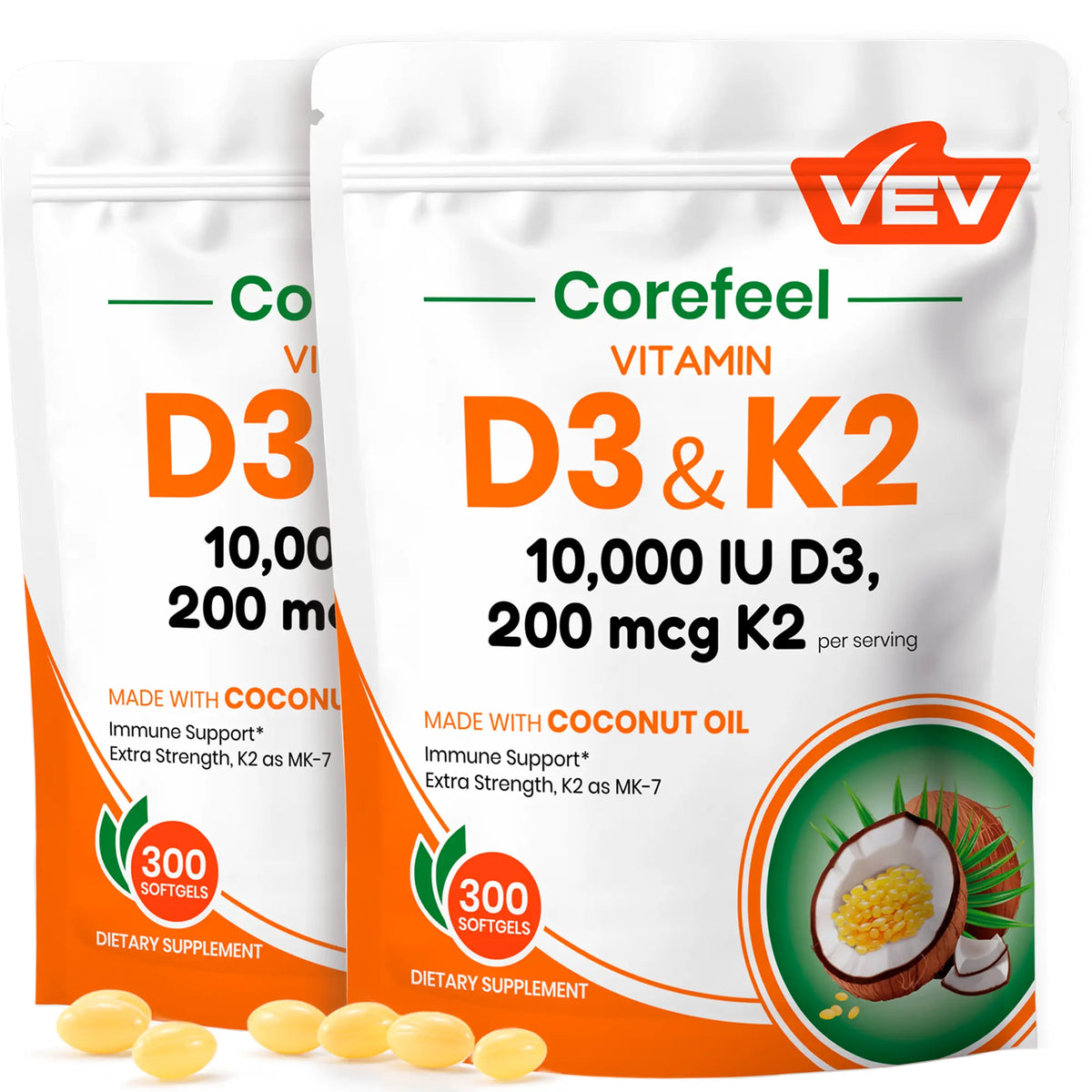 VEV Corefeel Vitamin D3 K2 10000 IU, 300 Virgin Coconut Oil Softgels, 2 in 1 Vitamins Supplement D & K, Dietary Supplemental Pack, Mothersdaygift, Summervibes