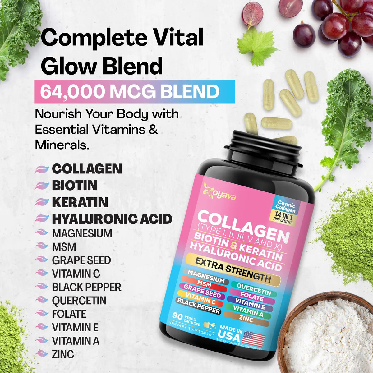Collagen Supplement - Type I, II, III, V and X - with Biotin, Keratin, Hyaluronic Acid & 13+ Extra Strength Ingredients for Beauty, Fitness, & Healthcare - 90 Capsules - MADE IN USA