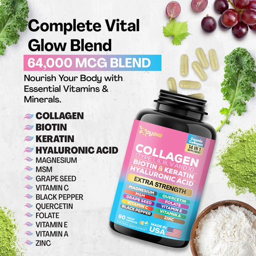 Collagen Supplement - Type I, II, III, V and X - with Biotin, Keratin, Hyaluronic Acid & 13+ Extra Strength Ingredients for Beauty, Fitness, & Healthcare - 90 Capsules - MADE IN USA