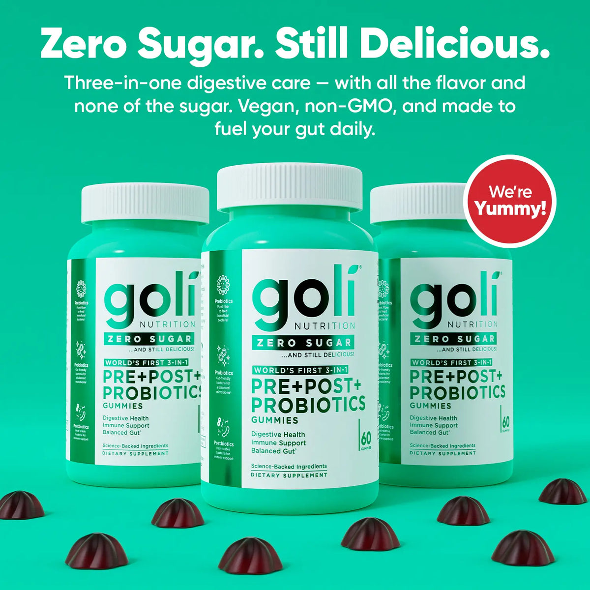 Goli Zero Sugar World's First 3-in-1 Pre, Post, Probiotic Gummies - Gluten Free, Vegan, Non-GMO, & Gelatin-Free.