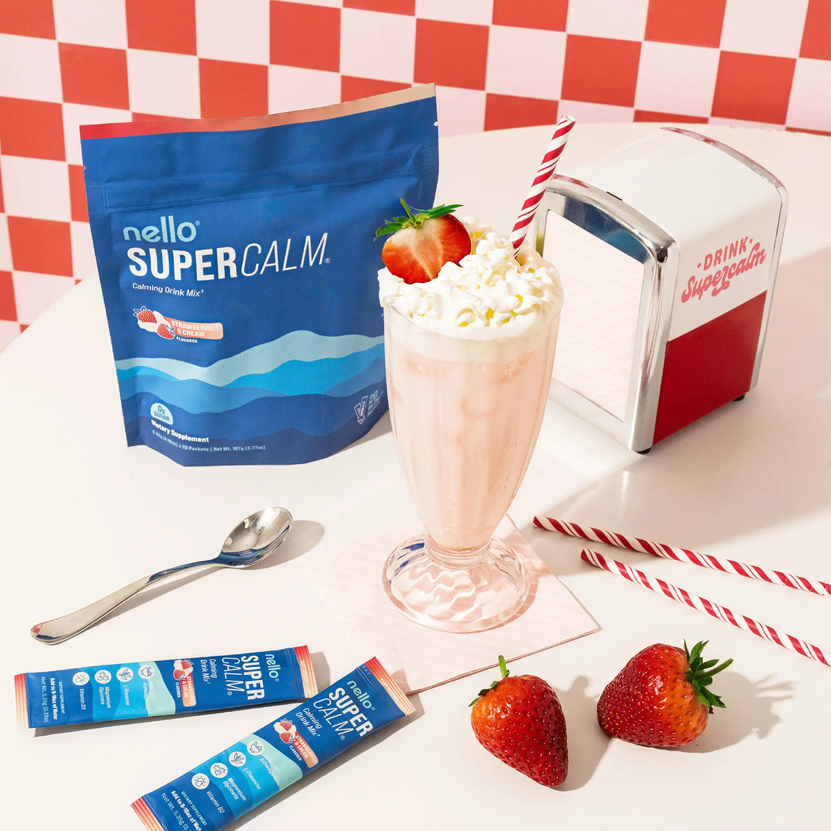 Nello Supercalm Calming Drink Mix with KSM-66 Ashwagandha Vitamin D3 Magnesium & L-Theanine Supports Cortisol Balance Mood Sleep 20 Servings Travel Packets Dietary Supplement