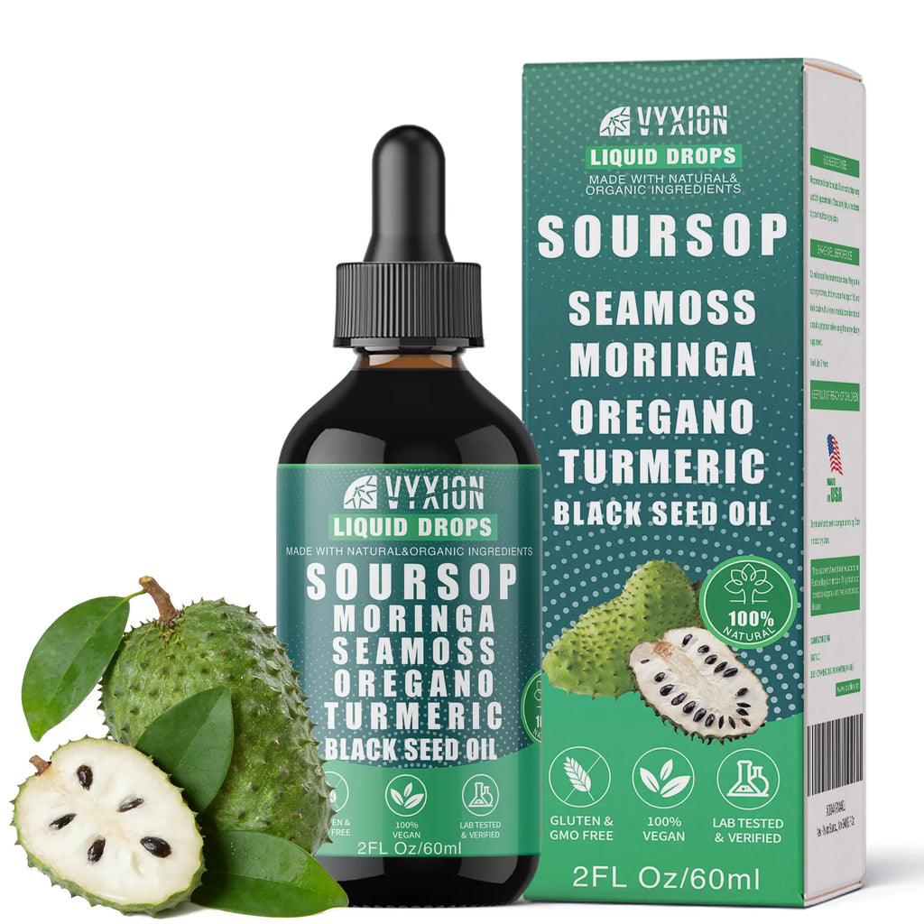 VYXION Pure Soursop 10 in 1 Liquid Drops Extract - Seamoss,Moringa,Black Seed Oil,Turmeric,Oregano Liquid Drops for Immune System and Gut Health Support