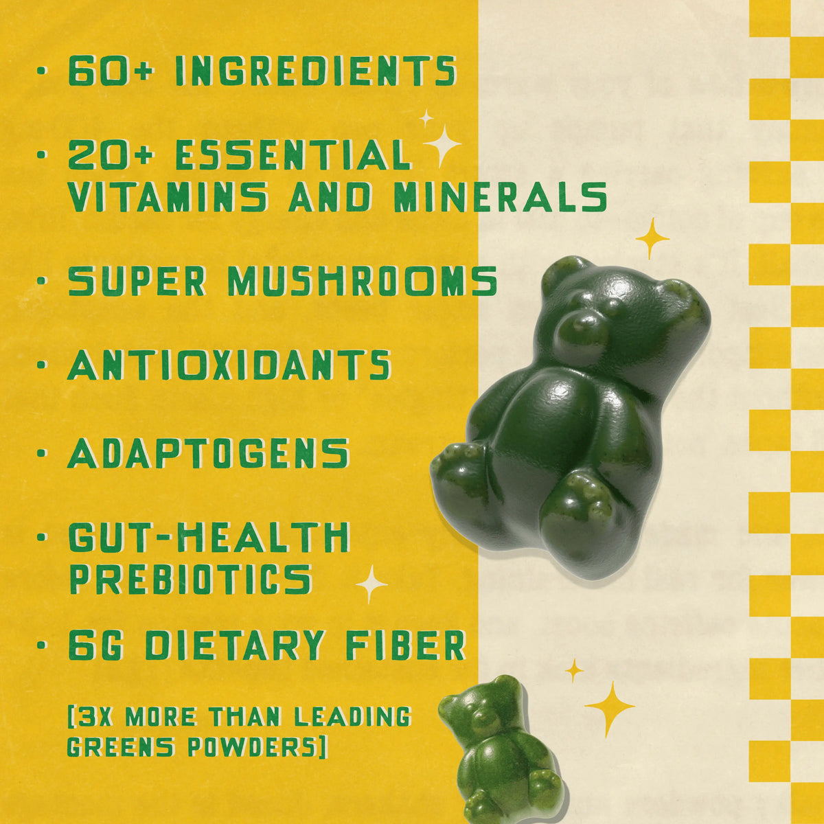 Grüns Superfood Greens Gummies: Comprehensive nutrition supplement with 60+ ingredients: Vitamins and Minerals, Prebiotics for Digestive Health, Adaptogens, Chlorophyll, Chlorella, Fruits and Vegetables, Gluten Free, Vegan, Third Party Tested