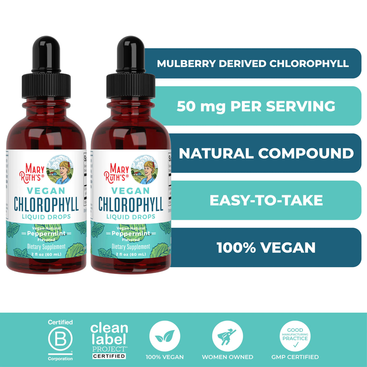 MaryRuth's Vegan Chlorophyll Liquid Drops - Non-Diluted Liquid Chlorophyll - Mulberry Derived Supplement - Non-GMO - Delicious Minty Flavor - 2 Fl Oz