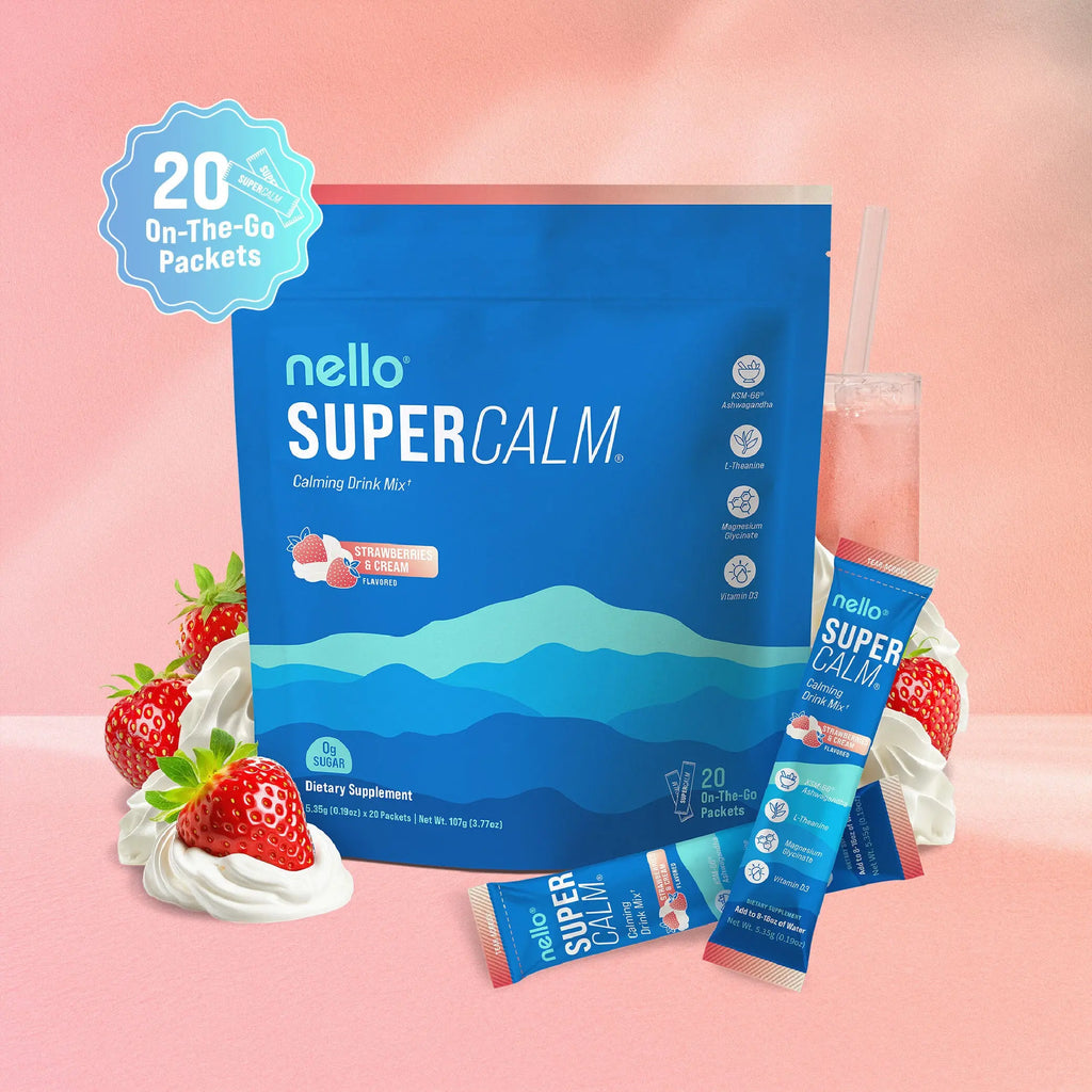 Nello Supercalm Calming Drink Mix with KSM-66 Ashwagandha Vitamin D3 Magnesium & L-Theanine Supports Cortisol Balance Mood Sleep 20 Servings Travel Packets Dietary Supplement