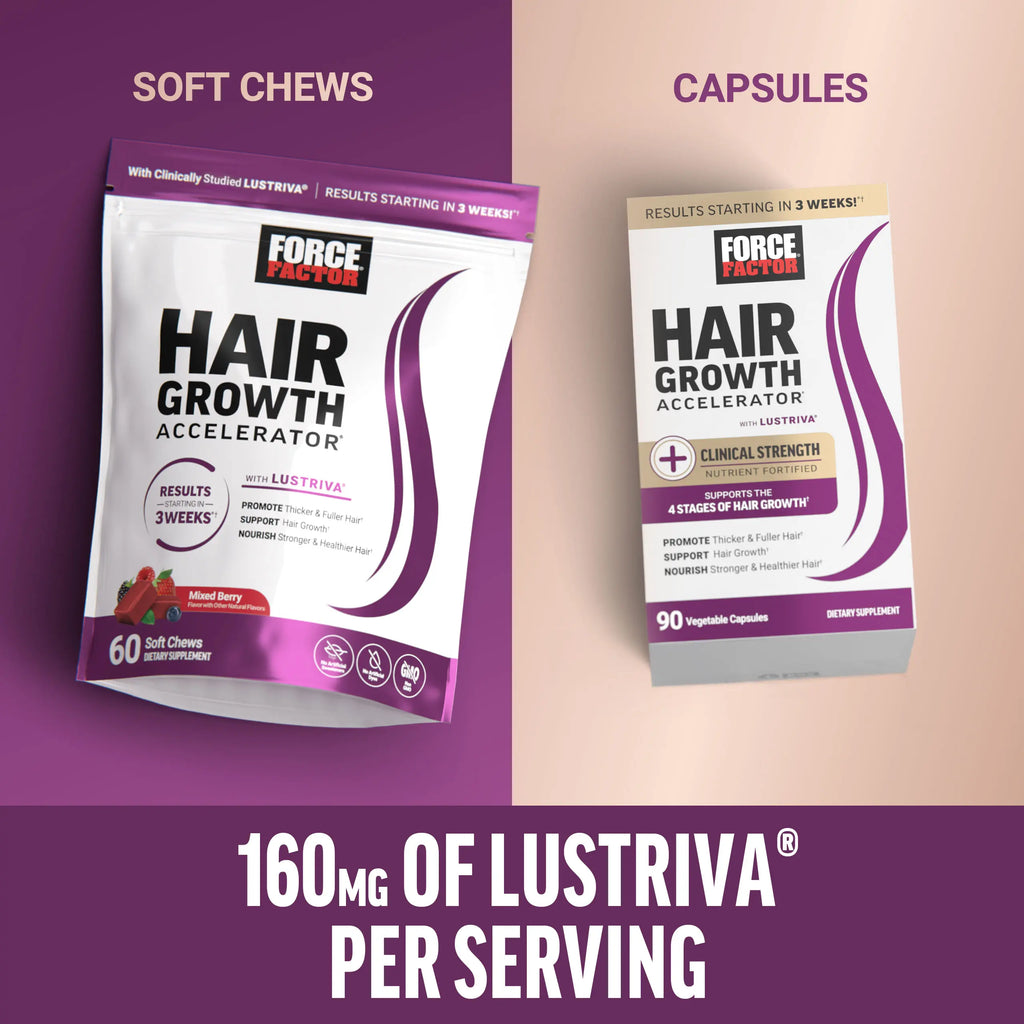 Force Factor Hair Growth Accelerator | Clinically Studied Lustriva for Thicker Stronger Hair, Biotin, Vit C & E, Mixed Berry Soft Chews or Capsules