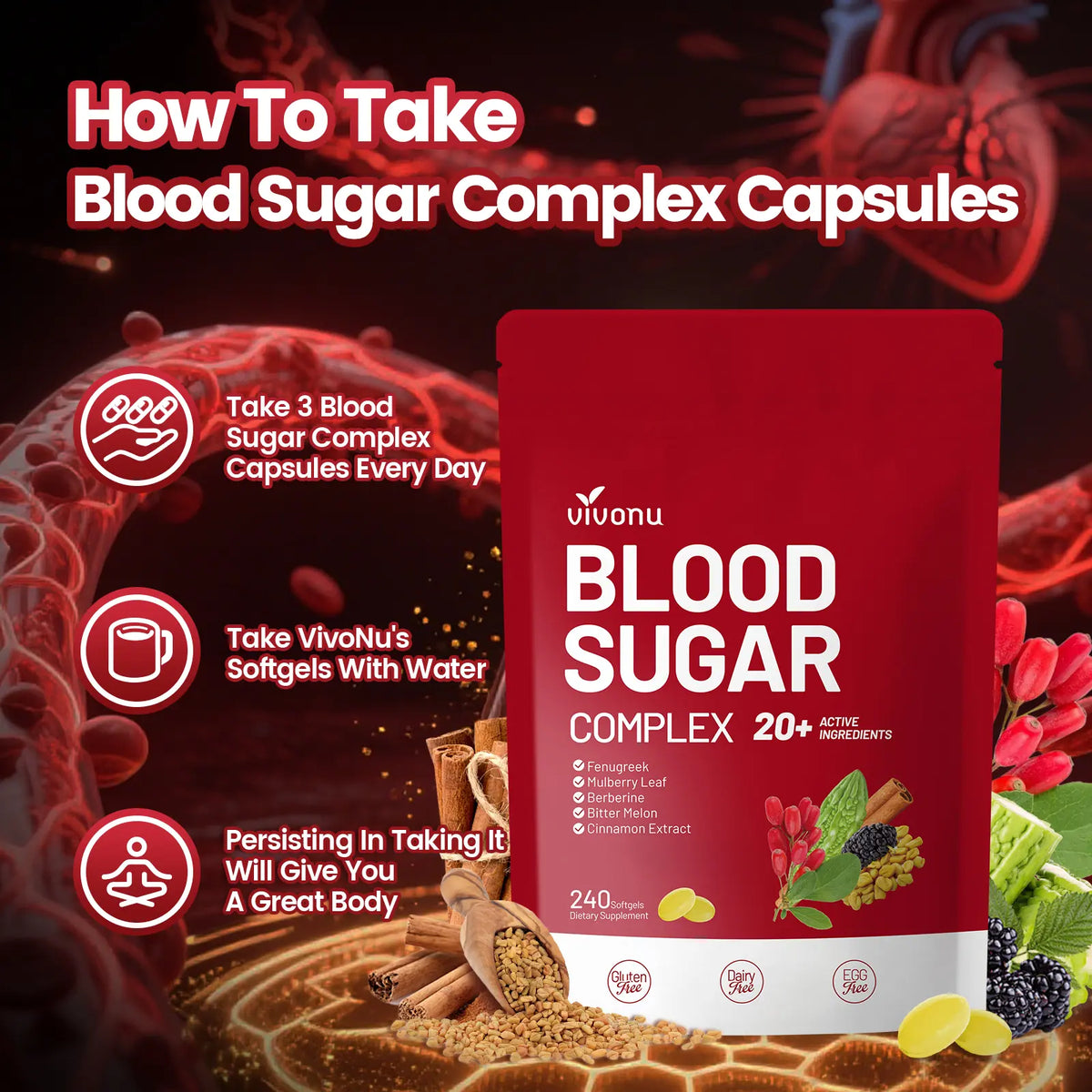VIVONU BLOOD SUGAR COMPLEX –Blood Sugar Balance | Antioxidant Support | Metabolic Support | Enhanced Absorption | Bitter Melon + Turmeric + Cinnamon + Mulberry Leaf + Berberine + Fenugreek | 240 Capsules per Bag mothersdaygift