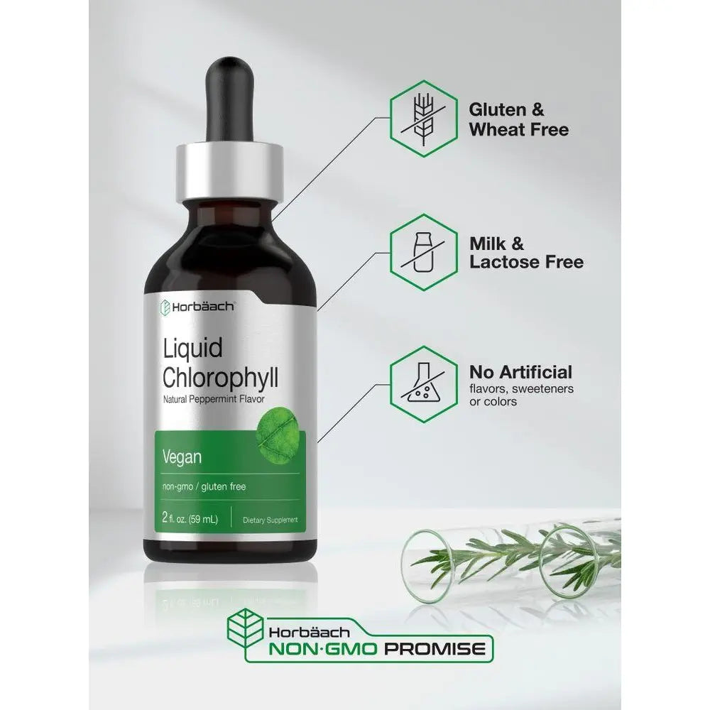 Horbäach Liquid Chlorophyll Drops - 2 oz - Vegan, Non-GMO, and Gluten Free Formula - Natural Peppermint Flavor